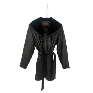 Size S - Black Leather Vintage Coat Lambskin Fur Lined Lapel